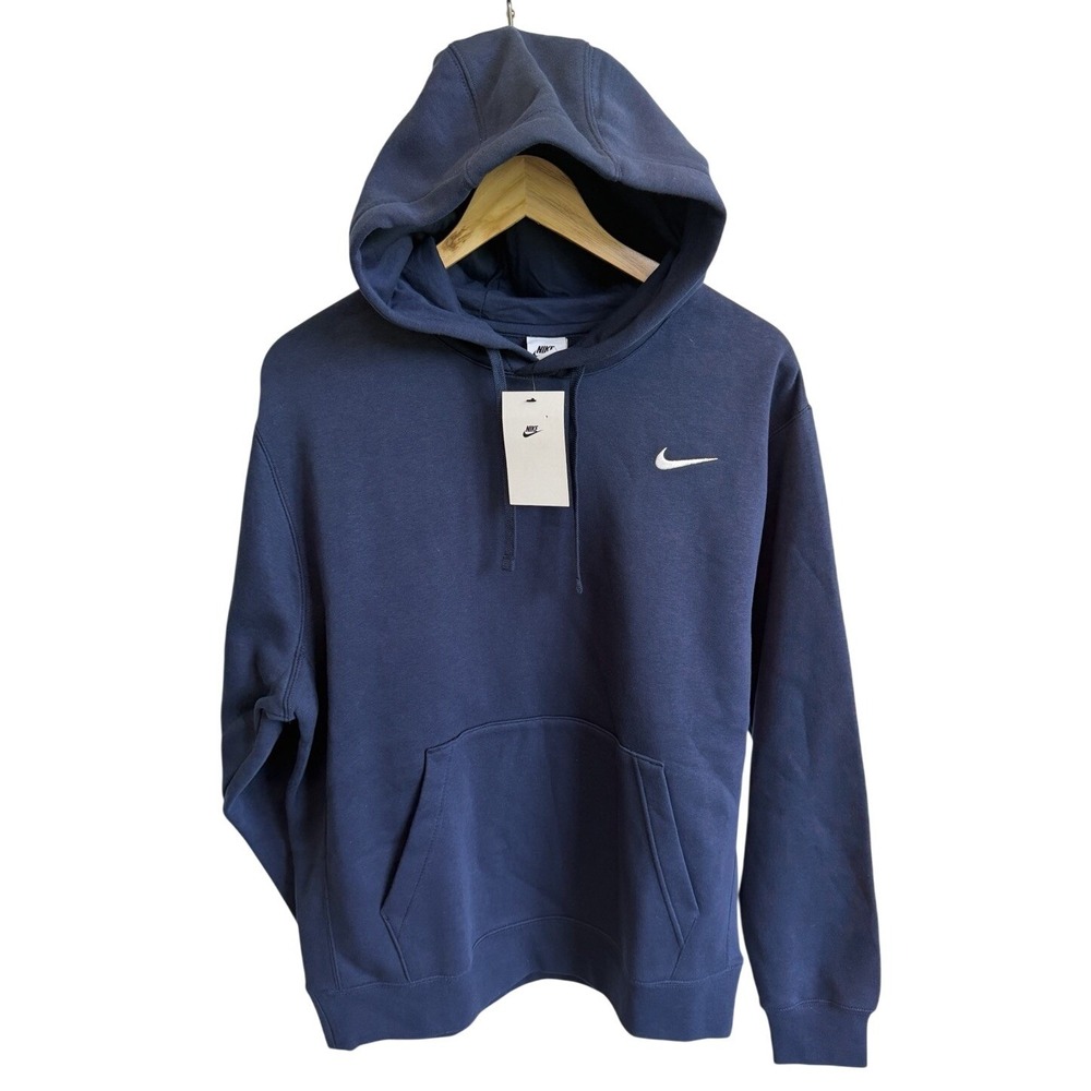 Nike Embroidered Swoosh Classic Fleece Pullover Hoodie Men Large Navy Blue NWT